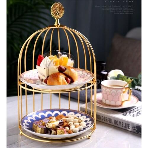European-style Ceramic Tray Cake Rack Pastry Bread Snack Storage Rack Model Room Golden Bird Cage Home Decoration Ornaments