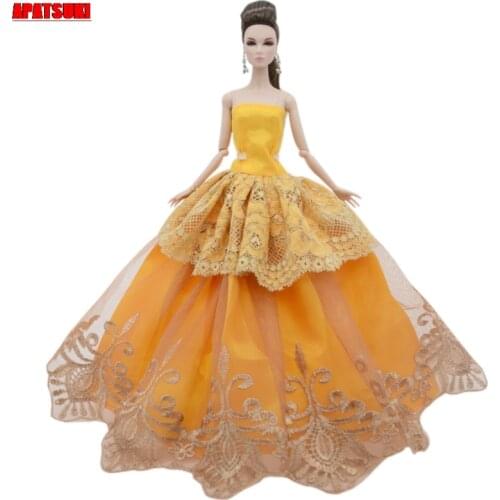 Yellow Lace Wedding Dress For Barbie Doll Outfits Party Gown Fashion Doll Clothes For 1/6 BJD Dolls Accessories Kids Toys