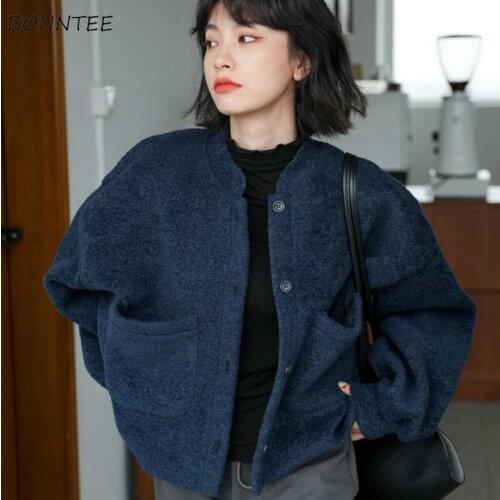 Basic Jackets Women Autumn Warm Stylish All-match Solid Pockets BF Popular Lady Clothes Navy Single Breasted Loose College Daily