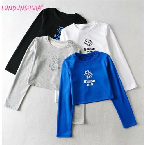 LUNDUNSHIJIA Flower Letters Printed Long Sleeve O-Neck Women Sweatshirt 2021 New Spring Autumn Fashion Women Crop Tops