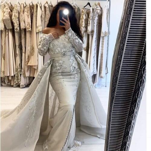 Moroccan Caftan Evening Dresses Appliques Long Sleeve Prom Gown Detachable Tail Robe De Soiree Vestido De Festa Formal Dresses