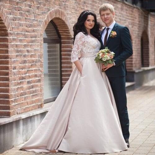 V-neck Half Sleeves Champagne Matte Satin Wedding Dress with Pocket Plus Size Hot Sale Bridal Dress vestido noiva sereia