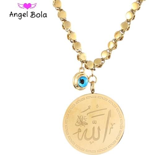 Muslim Demon Eye 100% Colorless Stainless Steel Lady Charm Scripture Coin Allah Pendant Necklace Luxury Jewelry Holiday Gift