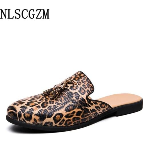 Leopard Mules Slippers Men Summer 2021 Slippers for Man Casual Men Slippers Leather Half Shoes for Men Designer Slides Zapatos