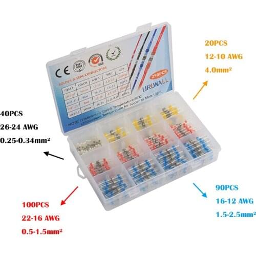 250Pcs 26-10 AWG Waterproof Wire Connectors Set Solder Seal Heat Shrink Butt Connectors Insulated Electrical Wire Terminals
