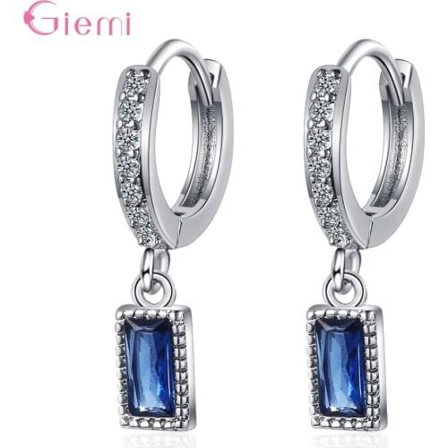 New Trendy Luxury 925 Sterling Silver Blue Square Cubic Zirconia Hoop Earring Accessories Elegant Women Jewelry Party Supplies