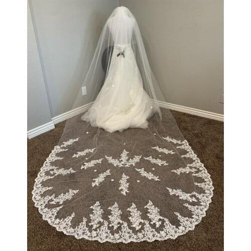 One Layer Wedding Veil with Comb Cathedral Long White Lace Appliqued Tulle Bridal Veils for Bride Velos de Novia Voile de Mariee