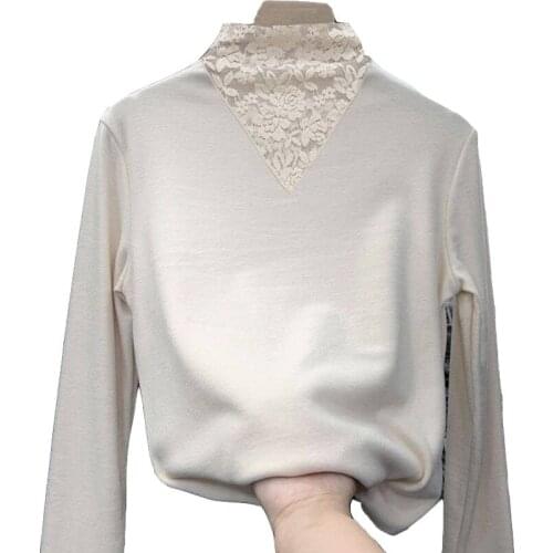 2020 Fall Double-sided Velvet Half High Neck Ladies Sweater Commuter Sweet Lace Stitching Slim Solid Color Female Base Sweater