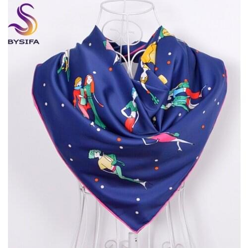 [BYSIFA] Winter Character Navy Blue Women Twill Square Scarves Wraps New Accessories Fine hand hemming Silk Scarf Shawl 90*90cm