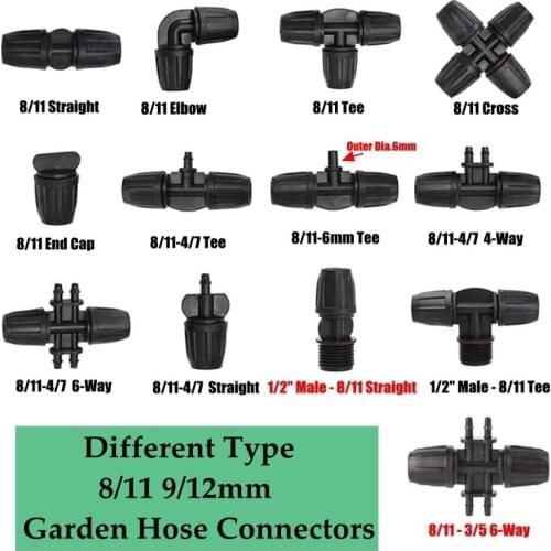 5pcs 8/11 9/12mm Garden Hose Connectors Micro Irrigation Pipe Tee Joint Elbow Reducing Connector Pipe Hose End Plug Thread Joint