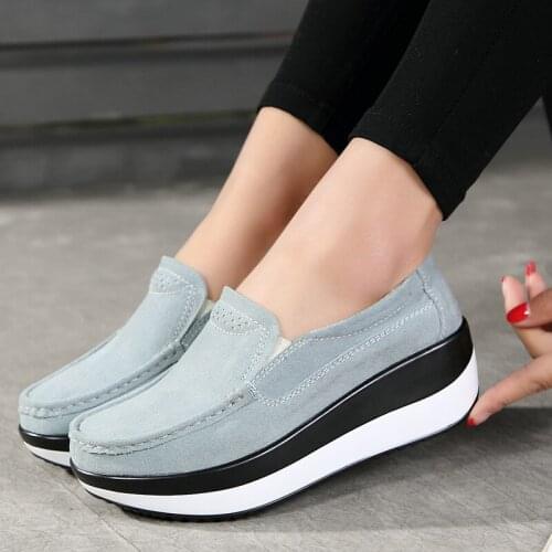Women Slip On Flat Shoes Genuine Leather Casual Loafers Nubuck Suede Platform Sneakers Ladies Shallow Wedge Footwear