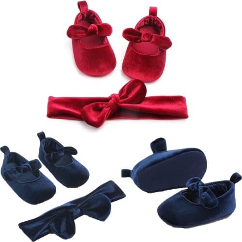 Newborn Baby Boy Girl Velvet Bowknot First Walkers Casual Shoes Soft With Hairband Infant Solid Anti Slip Princess Shoes