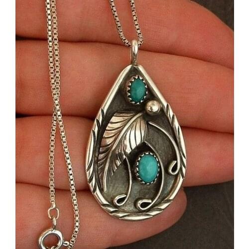 Vintage Turquoise Dyed Black Feather Pendant S925 Silver Necklace Pendant Gift Jewelry