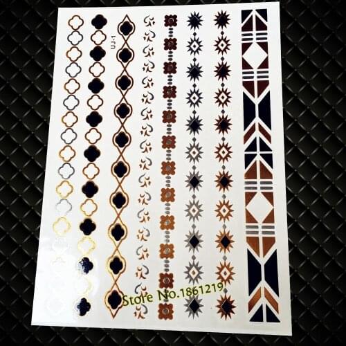 Top Quality Flash Metallic Tattoos Women Henna GUJ-01 Diamonds Design Bracelet Chains Style Brown Blue Gold Tattoo Stickers