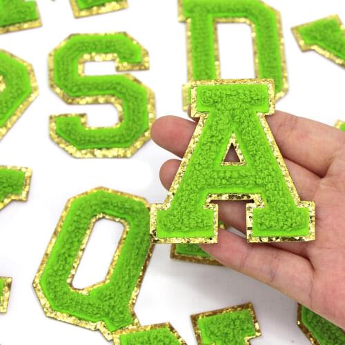 Green Embroidery Letter Patches Chenille English Alphabet Patches For Clothes Sequins Side Iron On Applique Sew Accessories 1Pcs