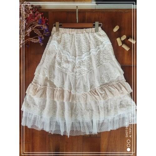 Japanese Mori Girl Sweet Lace Crochet Elastic Waist Summer Bust Skirt for Womens Cute Print Floral Bottomed Long Skirt Faldas