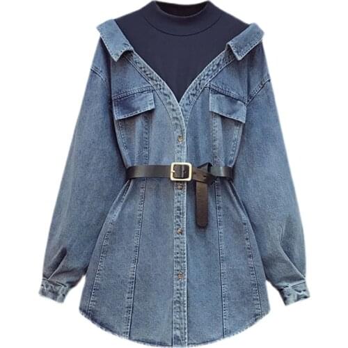 2021 Spring New Women Denim Blouse With Belt Long Sleeve Patchwork Fake Two Piece Blouses Jeans Shirts Loose Tops blusas mujer