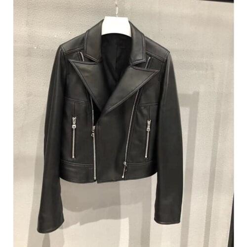 Natural Leather Women Lambskin Leather Jacket Long Sleeves 100% Sheepskin Leather Coat H119