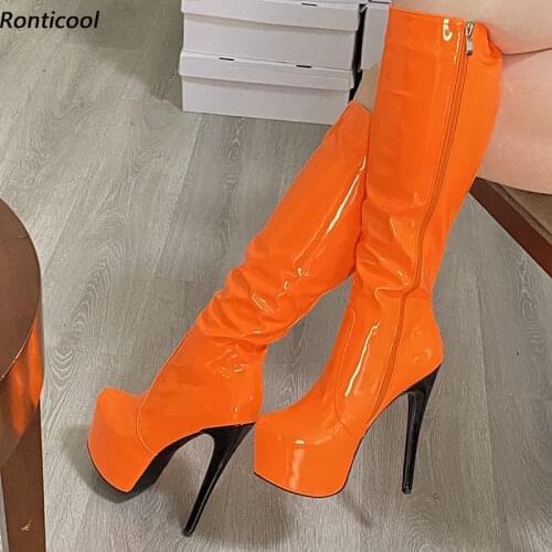 Ronticool Hot Women Winter Knee High Boots Patent Leather Side Zipper Stiletto Heel Round Toe Purple Party Shoes US Size 5-20