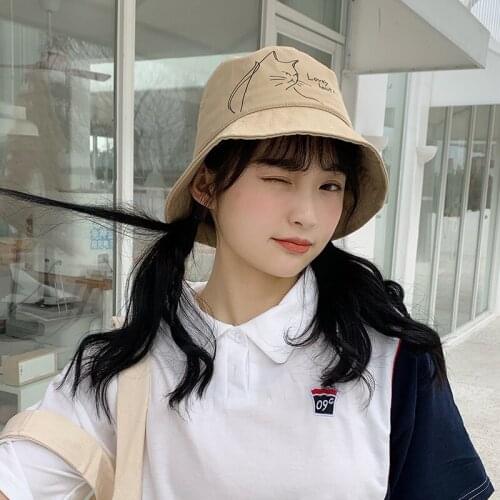 Women Bucket Hats Summer / Spring 2021 Cute Cat Fishermans Hat Simple Versatile Sunshade Hat Sunscreen Cotton Hemp Basin Cap