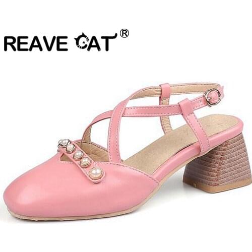 REAVE CAT New 2021 Women Pumps Square Toe 5cm Wood Heels Buckle Pearl Elegene Vintage Stylish Designer Big Size 45 Casual A3814