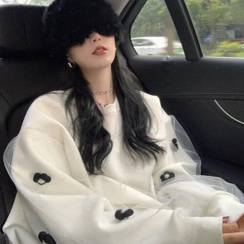 2021 Spring New Korean Style Loose Temperament Sweet Mesh Sleeves Sweater Top Coat Trendy Women