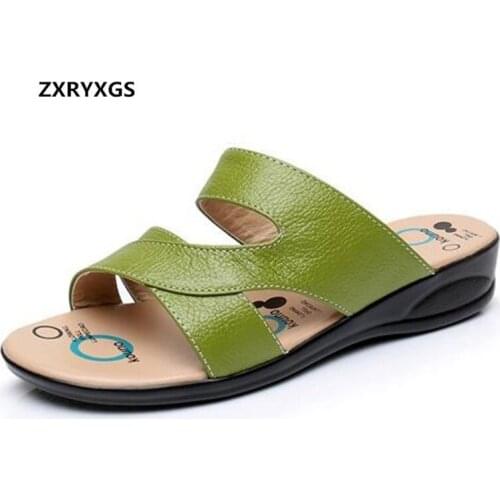 ZXRYXGS Brand Shoes Woman Soft Genuine Leather Sandals Flat Non-slip Large Size Summer Home Outside Wearing Sandals Casual Shoes