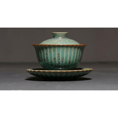 100ml Green Glaze Kiln Change Gaiwan Vintage Ceramic Kung Fu Tea Bowls Master Cup Pu'er Tea Tureen Tea Cup Teapots Bowl with Lid