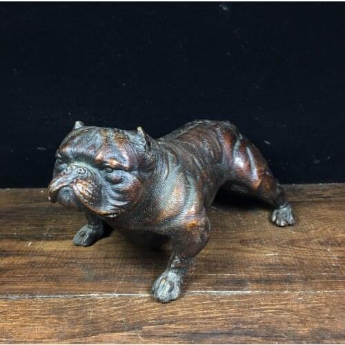 8"Chinese temple collection Old Bronze Cinnabar Lacquer Zodiac dog statue Matador Snarling dog Watchdog Ornaments Town House