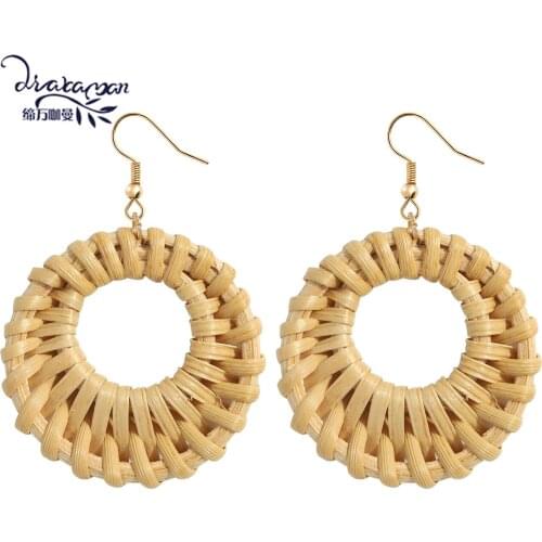 Dvacaman Bohemian Handmade Wooden Rattan Statement Earrings for Women Geometric Round Water Drop Earrings Summer Jewelry Holiday