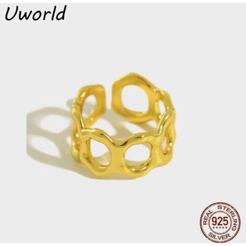 Designer Hollow Wide Honeycomb Silver Rings Adjustable 18K Gold Plated S925 Sterling Silver Open Rings