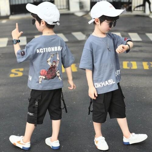 Kids Clothing Sets Summer Boys T-shirt + Short 2pcs Clothes Set Handsome Printed T-shirt Black Pocket Pants Fashion Streetwear