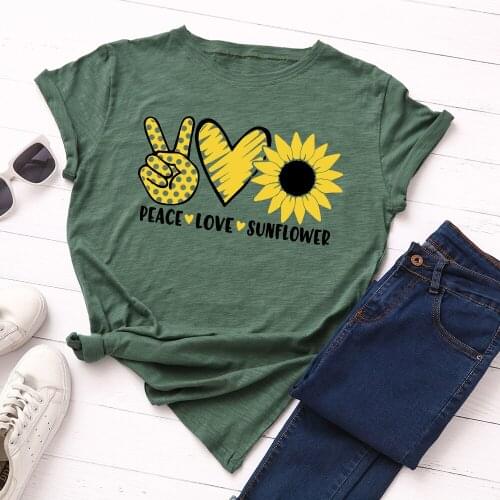 Women Summer Print T-shirt Streetwear Harajuku T Shirt Peace Love Sunflower Tops Floral 100% Cotton Tees