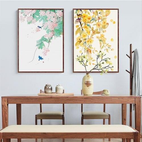 Yellow and Green Leaves Canvas Painting Watercolor Birds Flower Posters and Prints Wall Art Pictures for Living Room Home Decor