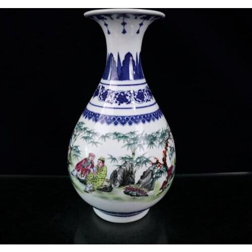 Chinese Ceramics Blue and White Porcelain Add Color Chinaware Bamboo Forest Seven Sages Stone Pattern Vase