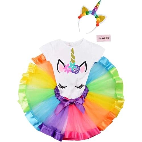 Baby Girls Clothes Set Girls Party Skirt 3pcs Unicorn Cotton T-shirt+Tulle Skirt+Unicorn Headband Ball Gowns Girls Faldas Suit