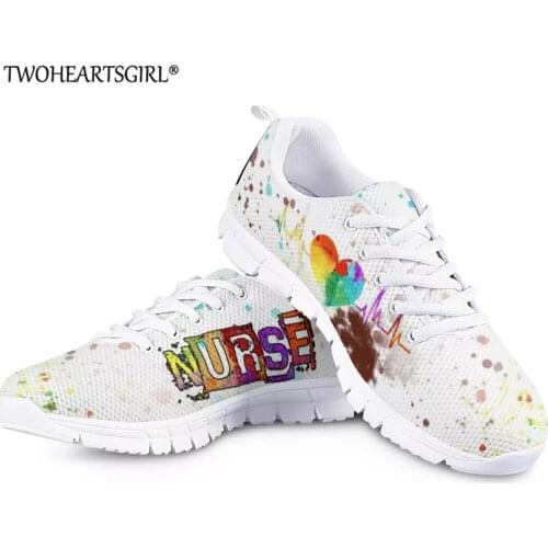 Breathable Premium Nursing Shoes Women Flats Heartbeat Printing Summer/Spring Light Weight Sneakers Lace-up Footwear Colorful