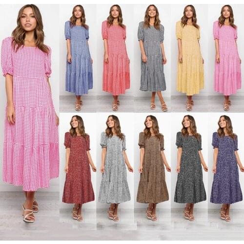 Summer Dresss Women Plaid Print Maxi Dresses O Neck Puff Sleeves Ruffles Beach Long Dress For Woman Clothing Vestido Femme Robes