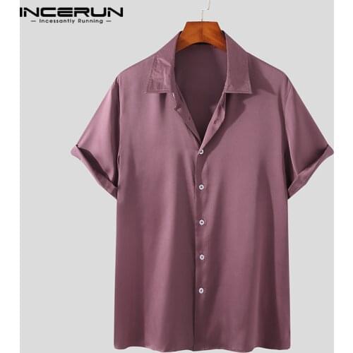 INCERUN 2021 Fashion Men Shirt Solid Color Gloss Lapel Short Sleeve Party Men Clothing Streetwear Summer Casual Camisas S-5XL
