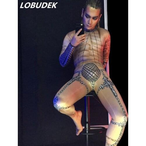 Nude Chain Printing Crystal Male Jumpsuit Big Stretch Leotard Bodysuit Nightclub Bar DJ Singer Pole Dancing Performance Costume