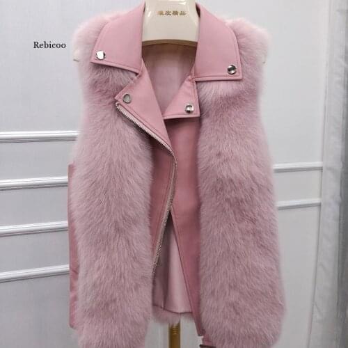 New Winter Womens PU Fox Fur Vest with Sheepskin Collar Motorcycle Gilet Biker Jacket Waistcoat Female Man-Made Fur Vest Coats