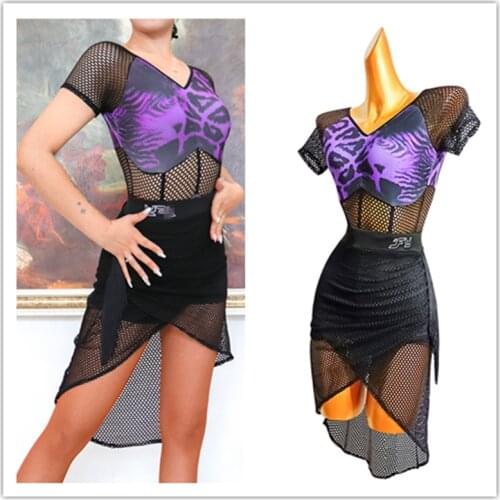 Sexy Latin Dance Dress Women Short Sleeve Hollow Skirt Dress for Ballroom Samba Tango Chacha Dancing Performamnce