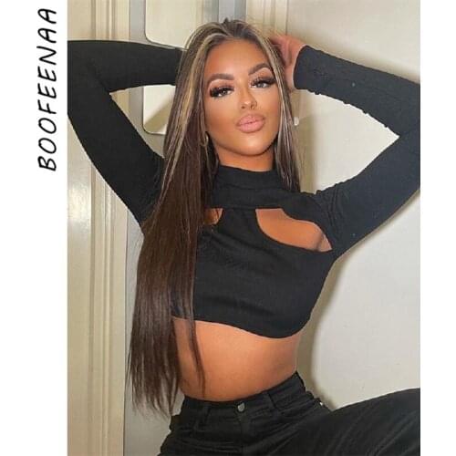 BOOFEENAA Sexy Cutout Long Sleeve Crop Top Women Autumn 2021 Fashion Ribbed Knitted Black T Shirts Clubwear C82-BB16