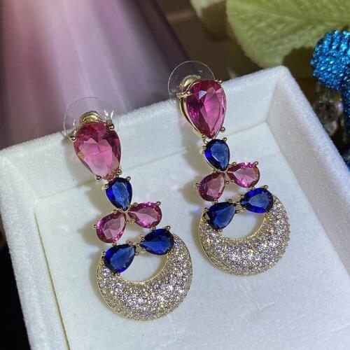 Red Blue Crystal Earrings 2021 Trend Cubic Zircon Splicing Korean Fashion Luxurious Female Tassel Retro Jewelry Friends Gift
