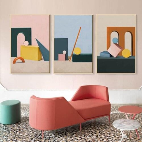 Modern Nordic Pink Blue Green Abstract Morandi Architecture Cube Canvas Painting Poster Wall Art Posters Living Room Home Decor