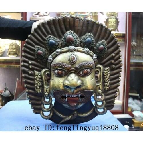 Tibet Buddhism Temple Copper Gold Gilt Painted Mahakala Buddha Head Mask Statue