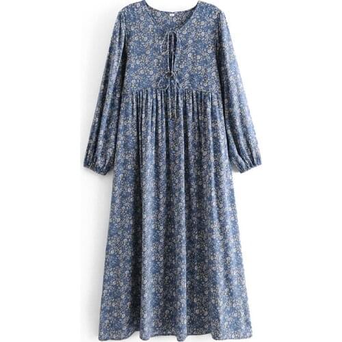 Vintage Chic Women Floral Print Long Sleeve Beach Bohemian Mid-Length dress Ladies Fringed Tassel Summer Boho Dress Soft Fabric