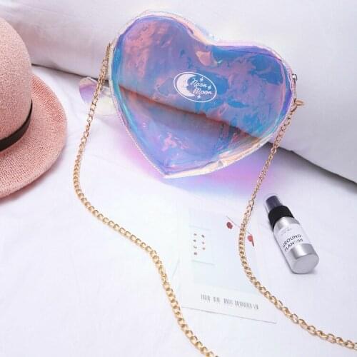 Women Heart Shape Transparent Jelly Zipper Shoulder Bag Laser Handbag Fashion PVC Waterproof Chain Messenger Bags Clutch Purse