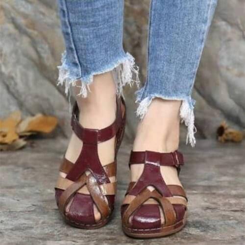 Summer New Magic Paste Women Sandals Velcro Vintage Round Heel Wedge Roman Cross Straps Sandals For Women