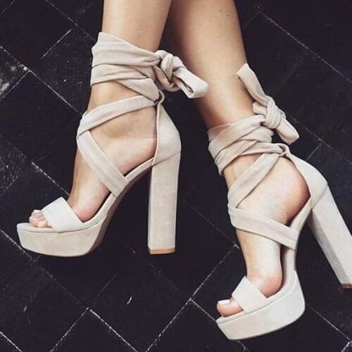 Moraima Snc Newest Suede Lace-up High Heel Sandal Summer Open Toe Thick Heels Woman Shoes Cutouts Platform Sandal